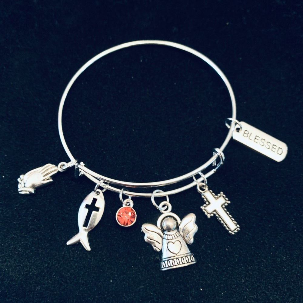 “Blessed” religious themed bangle bracelet with birthstone charm